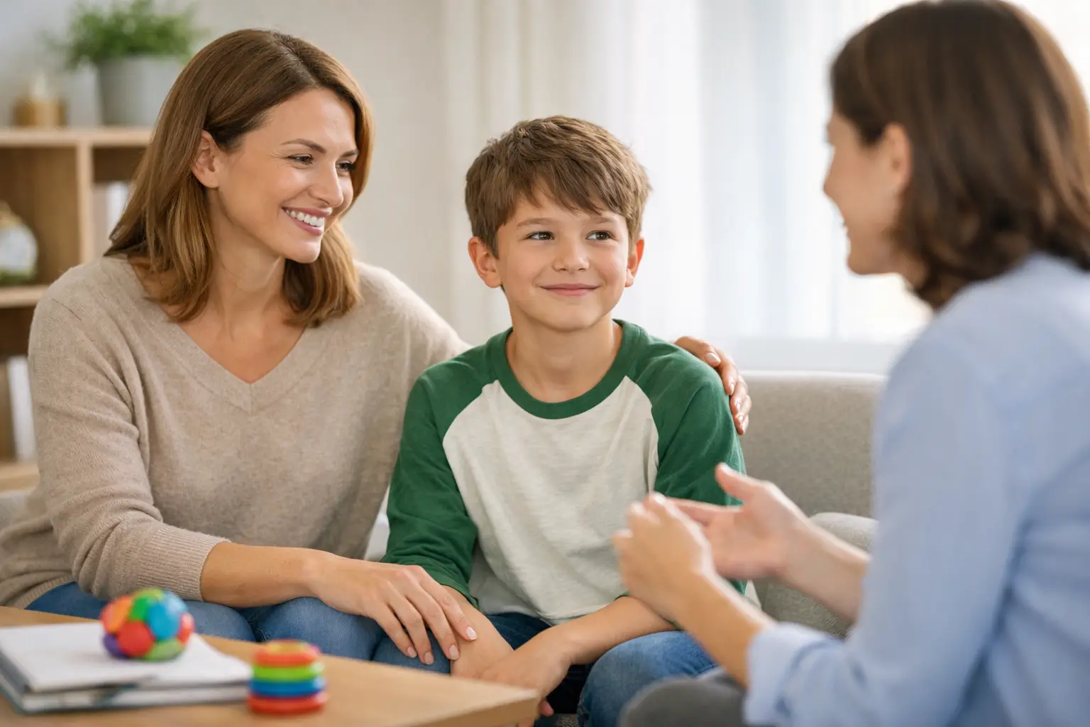 Mother and child talking with a clinician during a child ADHD assessment consultation